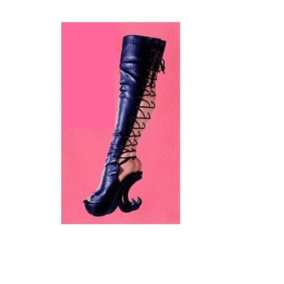 Karo's Shoes Womens Creative Thigh High Knee Boots Platform Open Toe Black 7 - Picture 1 of 12